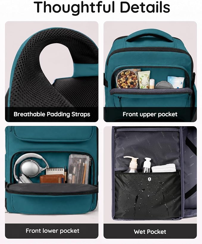Taygeer Airline Approved Carry on Backpack, Womens Weekender Travel Bag | Luggage 15.6 Inch Laptop Backpack with Water Bottle Pocket & Shoe Pouch, Travel Gifts for Frend Outdoor Weekend, Peacock Blue - Image 7