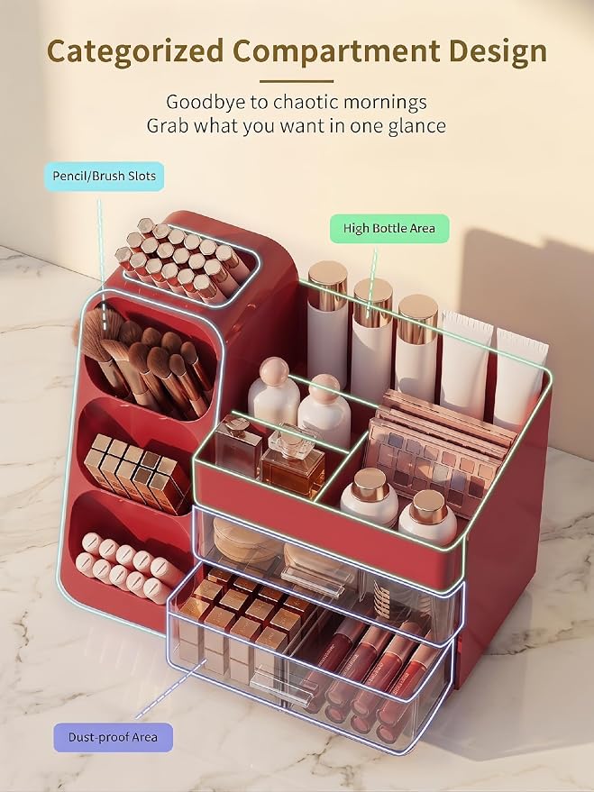 Booklov Makeup Organizer for Vanity, Large Capacity Cosmetic Display Case with Clear Acrylic Drawers, Countertop Beauty Storage Holder for Skincare, Brush Eyeshadow Lipstick, Counter Desk, Crystal Red - Image 3