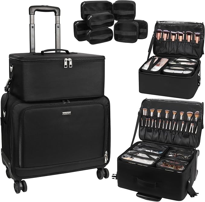 Rolling Makeup Bag, Makeup Artist Bag Professional Makeup Case on Wheels Cosmetics Organizer Bag Makeup Suitcase 2 in 1 Extra Large Cosmetology Case with 360° Swivel Wheels and Adjustable Dividers by TANTO