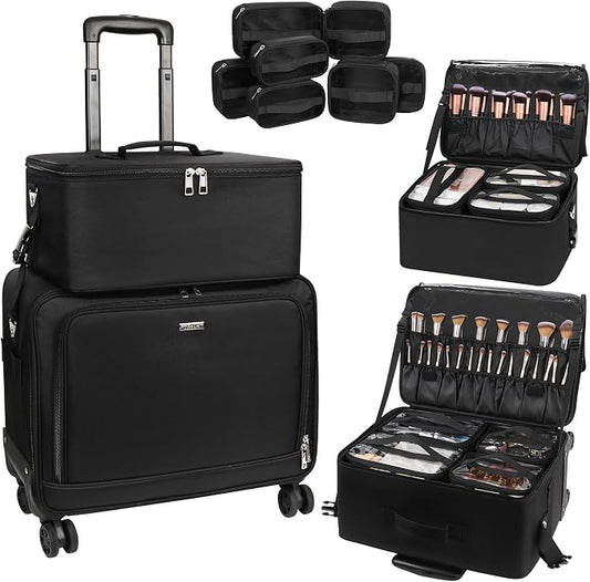 Rolling Makeup Bag, Makeup Artist Bag Professional Makeup Case on Wheels Cosmetics Organizer Bag Makeup Suitcase 2 in 1 Extra Large Cosmetology Case with 360° Swivel Wheels and Adjustable Dividers by TANTO