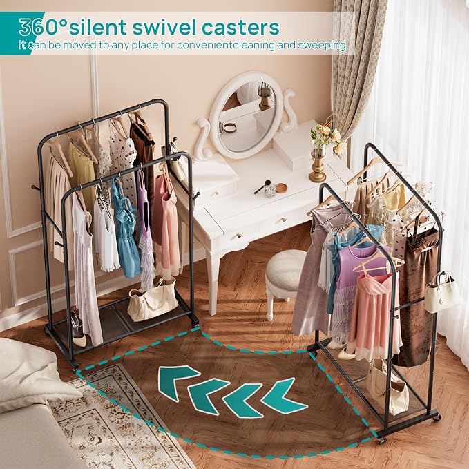 SINGAYE Wardrobe Standing Closet Clothing Rack With Shelf Hanging Clothes | Wardrobe Open Compact Small Metal Garment Hanger Stand Alone Free Standing Black Closet Rack Storage Organizer Heavy Duty - Image 5