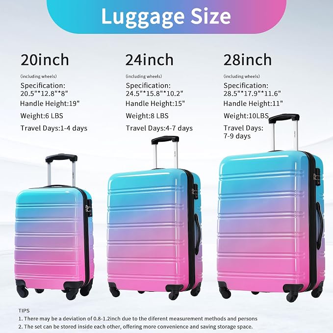 Merax Luggage Sets 3 Piece, Hardside Suitcase with Spinner Wheels,20+24+28 | Lightweight Gradient Color Suitcase with Carry on Luggage, Expandable Convenient Travel,Blue and Red - Image 3