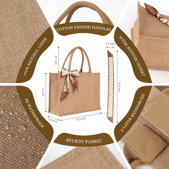 Waterproof Large Jute Tote Bag Set W/Ribbon 15.35x6x12 Inch Women Bridesmaid Gift for Beach Wedding Shopping Travel - Image 4