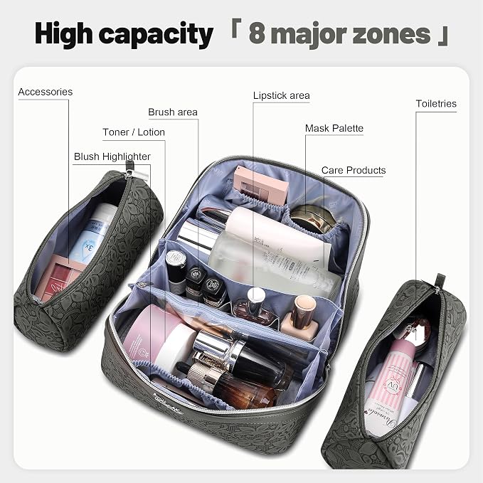 BOYATU Travel Makeup Bag Cosmetic Bags for Women: Large Capacity 3 Pcs Set Make up Bag with Compartments - Waterproof Vegan Leather Toiletry Organizer Bags with Handle (Z-62Grey) - Image 4
