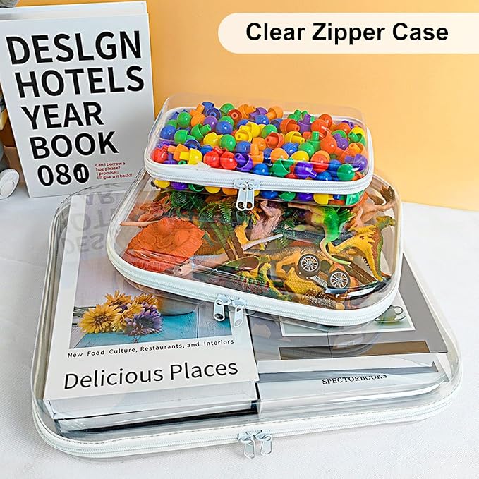 6PCS Clear Hard Shell Zipper Case 13.8 * 11.8 * 2 IN (White) | Transparent shell for easy item access. Works as cosmetic bag, toy pouch, diaper organizer and pencil case. - Image 2