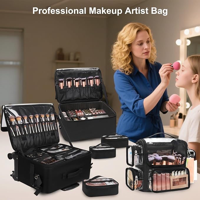 TANTO Rolling Makeup Train Case, Makeup Brushes Holder Extra Large Cosmetology Case on Wheels Professional Salon Travel Cosmetic Organizer for Makeup Artists with 7 Pouches & Swivel Wheels - Image 6