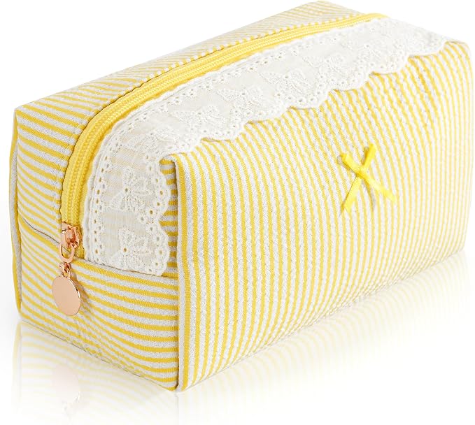 Makeup Bag Travel Toiletry Bag for Women, Small Cosmetic Bags with Lace Trim Cute Yellow Stripe Aesthetic Organizer Makeup Pouch for Purse Emergency Bag Pencil Case Accessory Bag by Unknown