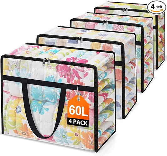 4 Packs Clear Under Bed Storage Containers - 60 L Large Capacity Clothes Storage Bags with Lid & Sturdy Handles, Foldable Moving Bags, Clothing Organizer Totes for Bedding, Comforter, Sheet by Unknown