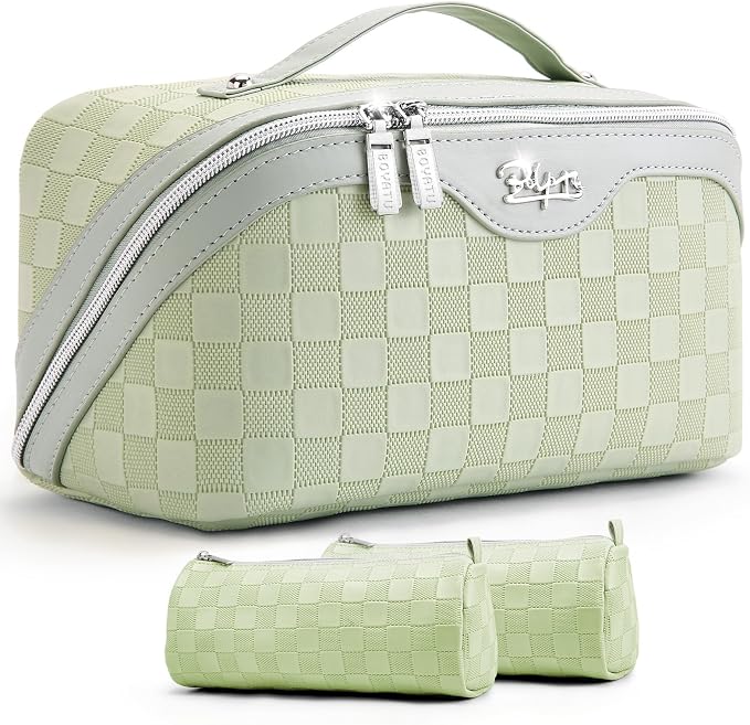 BOYATU Travel Makeup Bag Organizer: 3 Pcs Set Large Capacity Cosmetic Bags Holds 10–20 100ml Full-Size Bottles - 180°Open-Flat Make up Case 3-sec touch-up - Toiletry Bag Gift women (01-D-Green) by BOYATU