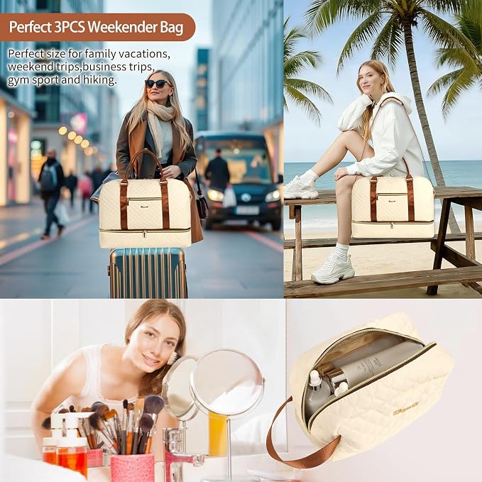 Wogarl 3PCS Weekender Bags for Women Large Overnight Bag Weekend Travel Duffel Bag Carry on Shoulder with Shoe Compartment Canvas Toiletry Bag for Travel Business Gym,Beige - Image 5