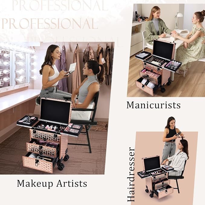 FRENESSA Professional Rolling Makeup Case Aluminum Trolley Train Case with Swivel Wheels for Makuep Artist Travel Cosmetic Organizer with Sliding Drawers for Nail Tech Hairstylist Barber Rose Gold - Image 2