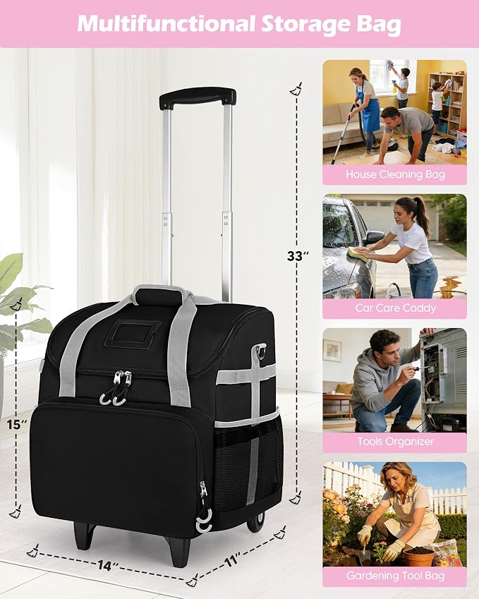 Marscamd Large Rolling Cleaning Caddy Bag with Detachable Trolley, Cleaning Supplies Organizer with Wheels for Housekeepers, Black - Image 6