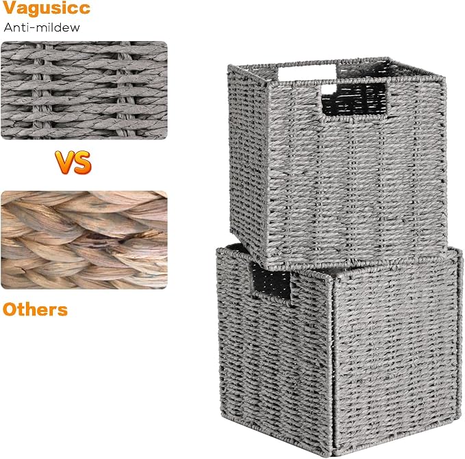 Vagusicc Storage Basket, Set of 2 Hand-Woven Paper Rope Wicker Baskets for Storage, Foldable Cube Storage Bins Organizer, 9 inch Medium Wicker Storage Baskets for Shelves Pantry Organizing Decor, Grey - Image 3