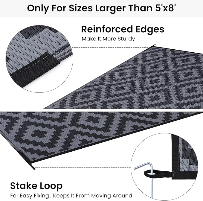 Smiry Waterproof Outdoor Rug 6x9 ft, Reversible Plastic Straw Patio Camping Rugs, Outdoor Indoor RV Mat Carpet for Patio, Outside Entry, Backyard, Deck, Bench, Picnic, Camper, Black & Grey - Image 4