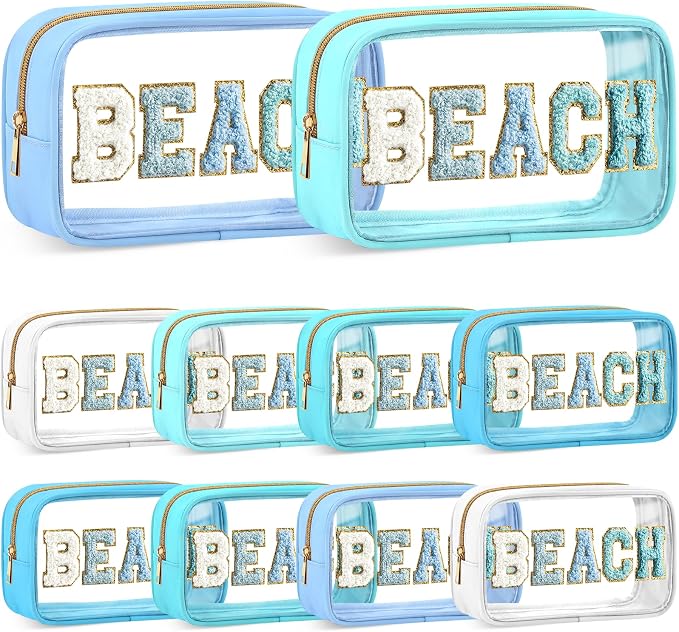 Kacctyen 10 Pcs Beach Clear Makeup Bags with Zipper in 5 Assorted Colors, Chenille Letter Sunscreen Bags Bulk, Waterproof Clear Toiletry Bag for Women Beach Pool Trip & Summer Birthday Party Favors by Kacctyen