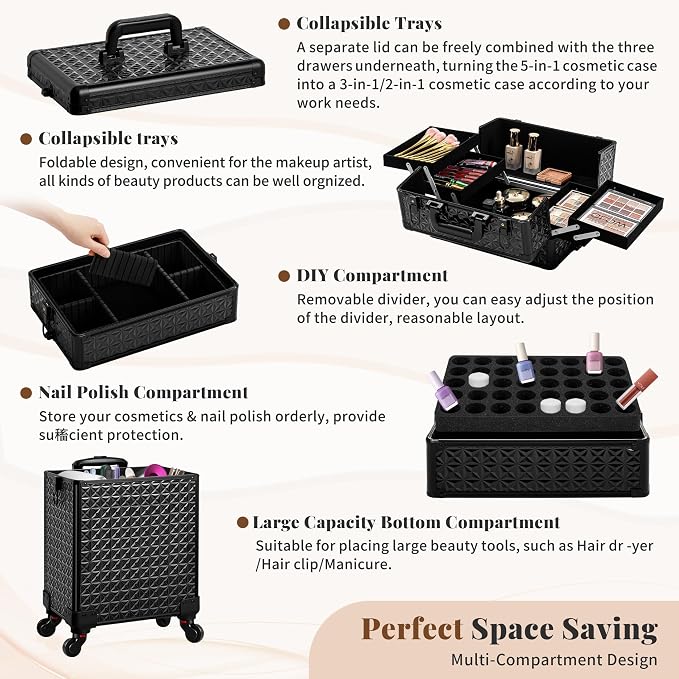 AROUS 5 in 1 Rolling Makeup Train Case with Lid Cosmetology Case on Wheels | Large Cosmetic Trolley Organizer with Keys Salon Barber Case Traveling Cart Trunk for Artist Hairstylists Nail Tech, Black - Image 5