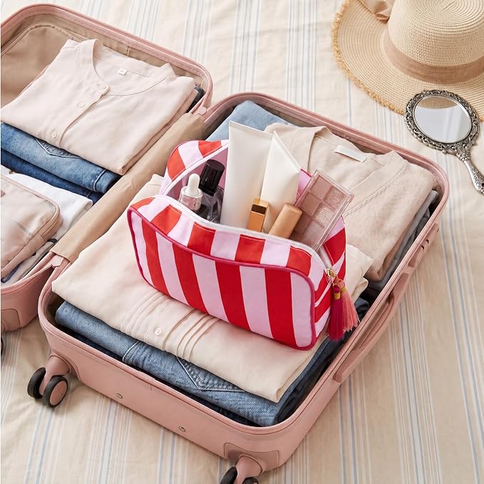 Kacctyen 6 Pack Tomato Red and Light Pink Striped Makeup Bag bulk with Tassel Travel Cosmetic Pouch Organizer Large Zipper Toiletry Case for Women Aesthetic Storage Pouch Mahjong Tile Bag - Image 7