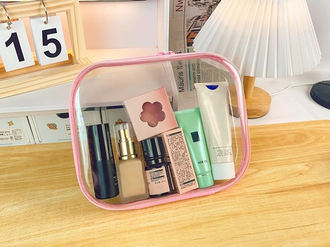 6PCS Clear Hard Shell Zipper Case 13.8 * 11.8 * 2 IN (Pink) | Transparent shell for easy item access. Works as cosmetic bag, toy pouch, diaper organizer and pencil case. - Image 6