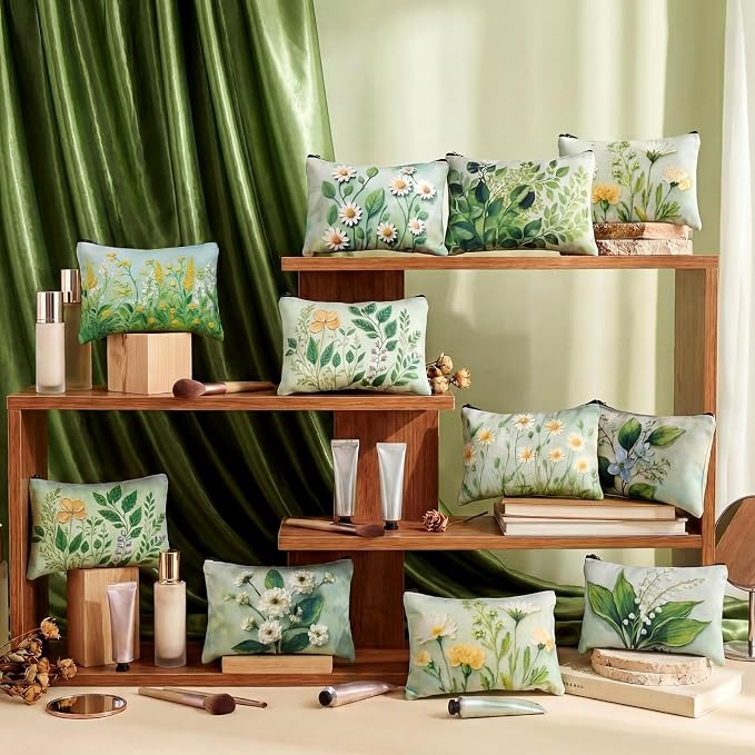 Sweetude 12 Pcs Green Flower Makeup Bags Bulk Green Plants Portable Travel Cosmetic Bags with Zipper Floral Waterproof Roomy Travel Toiletry Organizer Storage Beauty Pouch for Women Gifts - Image 2