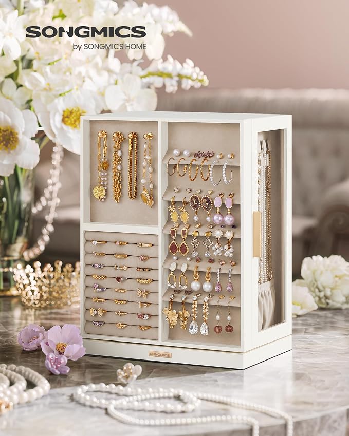 SONGMICS GISELLA Collection - Jewelry Box 360° Rotating, Jewelry Storage Case with 7 Drawers, Jewelry Organizer, Glass Window, Open Design, Great Gift, Light Warm White and Light Camel UJBC201W01 - Image 2