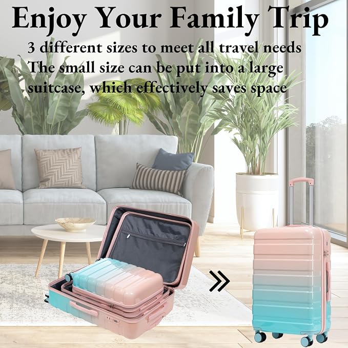 3-Piece Luggage Set 20/24/28’’ Hard-shell with 360° Spinner Wheels, Gradient Color Suitcase with Combination Lock, Lightweight PC Material, (Blue + Pink) - Image 4