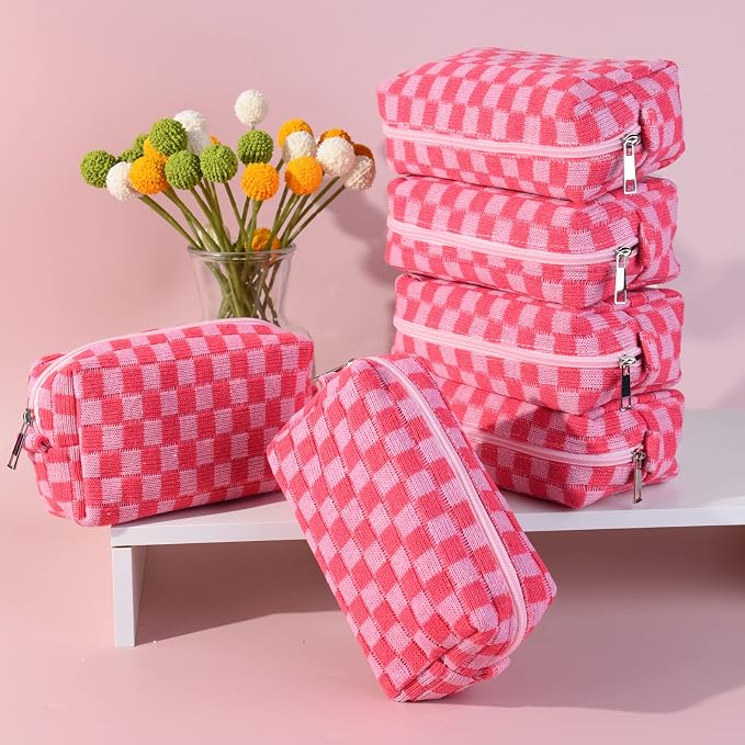 SOIDRAM Checkered Makeup Bag Preppy Cosmetic Bag Bulk Pink Makeup Pouch Personalize Travel Toiletry Bag Organizer Cute DIY Makeup Brushes Storage Bag for Women - Image 7