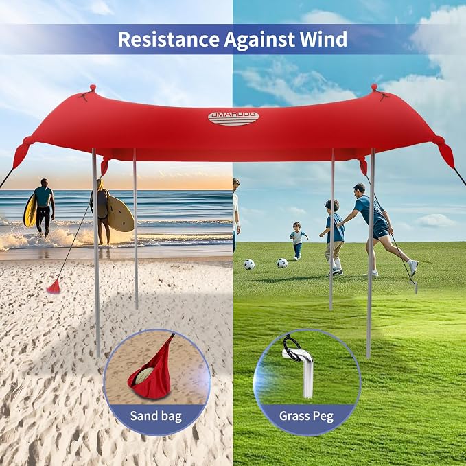 UMARDOO Family Beach Tent Canopy Sun Shade Portable, Large Compact Beach Sun Shelter Easy Setup with Packable Bag for Outdoor Travel (Red, 10X10 FT. 4Poles) - Image 4