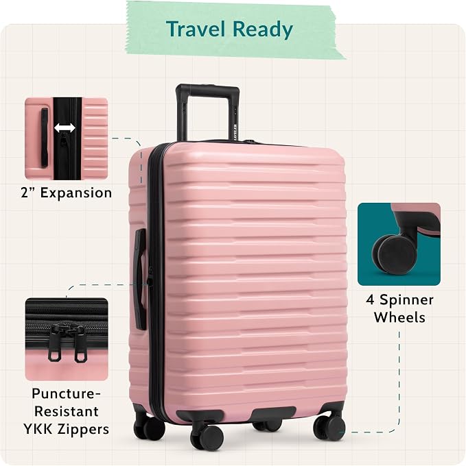 U.S. Traveler Boren Expandable Hardside Rugged Travel Luggage with 8 Spinner Wheels, Rose Pink, Checked-Large 30-Inch - Image 3