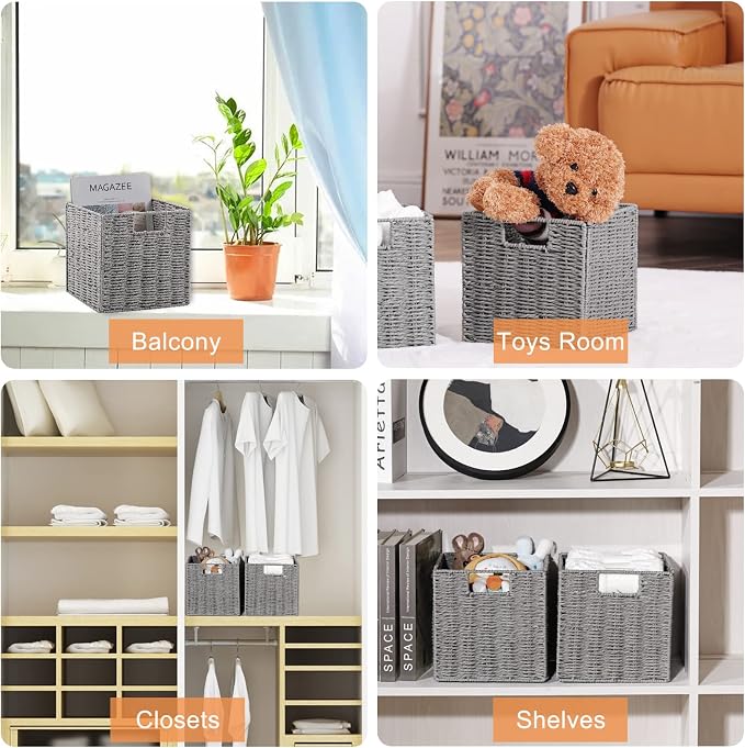Vagusicc Storage Basket, Set of 2 Hand-Woven Paper Rope Wicker Baskets for Storage, Foldable Cube Storage Bins Organizer, 9 inch Medium Wicker Storage Baskets for Shelves Pantry Organizing Decor, Grey - Image 4