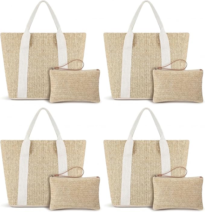 8 Set Beach Bags with Reusable Makeup Pouch Straw Gift Bag with Handle for Women Bridesmaid Bridal Wedding Gifts by Unknown