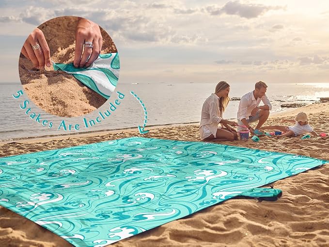 WEKAPO Beach Blanket Waterproof Sandproof Oversized Extra Large Sand Free Beach Mat with Stakes, Storage Bag - Essentials for Outdoor Beach, Picnic (Turquoise Ocean Waves, 11 X 9 FT (1~10 Person)) - Image 6