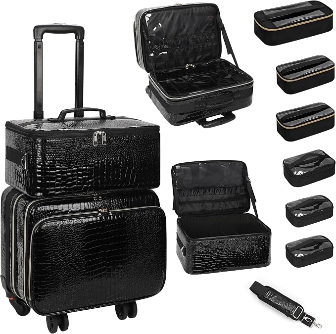 OCHEAL 18" Rolling Makeup Train Case Professional 2-in-1 Trolley Case | | Large Makeup Case, 6 Travel Cosmetic Bags, Pro Artists & Makeup Artists, Beauty Trolley Train Case by OCHEAL
