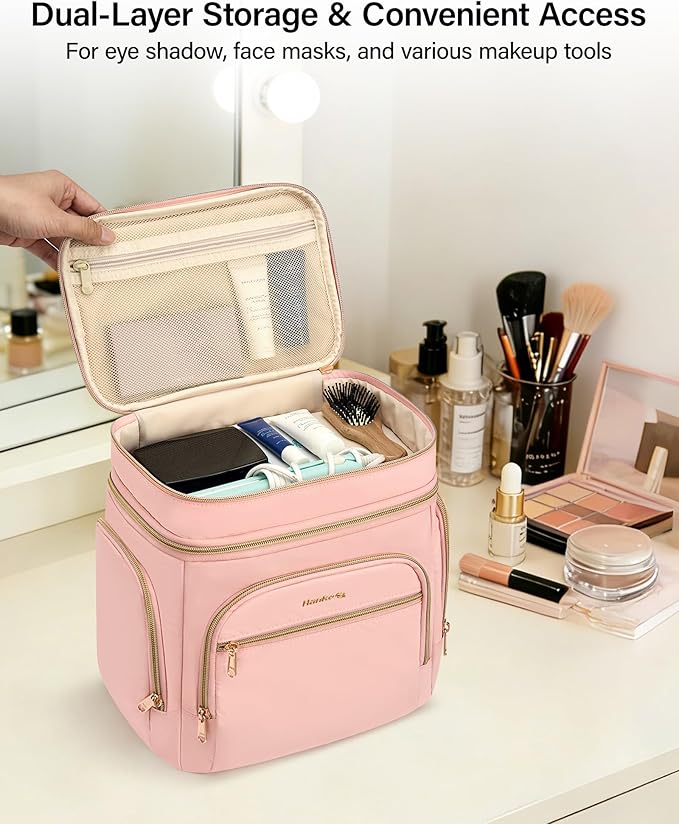 Hanke Large Toiletry Bag for Women Travel, Double Layer Organizer with Wide Opening for Full-Size Cosmetics & Toiletries, 12.2L Water-Resistant Makeup Bag,Pink - Image 5