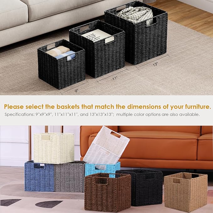 Vagusicc Wicker Storage Basket, Set of 2 Hand-Woven Storage Baskets for Shelves, Foldable Cube Storage Baskets Bins with Handles, 9 inch Small Wicker Baskets for Organizing Pantry Bedroom, Brown - Image 8