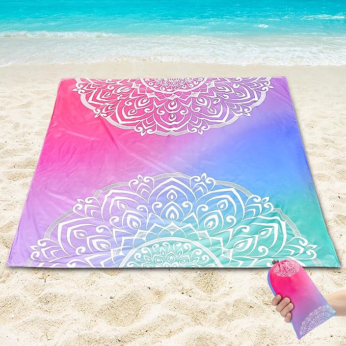WIWIGO Beach Blanket Sandproof Extra Large Beach Mat Adults Waterproof Quick Drying Sand Free Mat Made by Premium Polyester with 4 Stakes & 4 Corner Pockets for Outdoor Travel Camping Hiking by WIWIGO