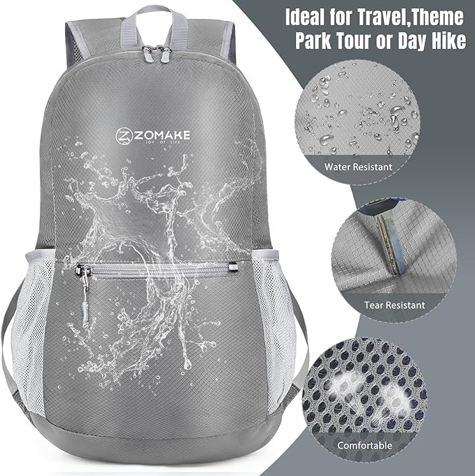 ZOMAKE Ultra Lightweight Hiking Backpack 20L, Packable Small Backpacks Water Resistant Daypack for Women Men(Silver Gray)
