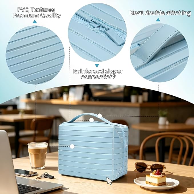 Fold Down Standing Makeup Bag – Large Travel Toiletry Organizer (Blue) | Parallel Design and Adjustable Dividers, Stands Upright or Folds Flat. Multiple Pockets Fit Full‑Size Cosmetics & Toiletries. - Image 4