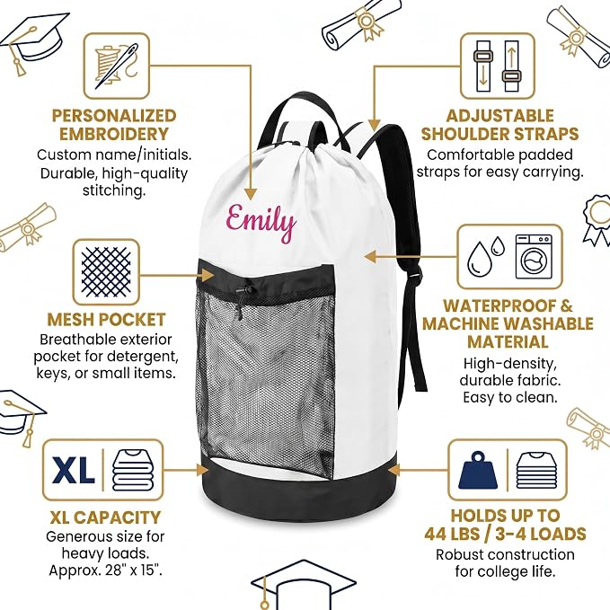 Personalized Laundry Bag Heavy Duty Custom Graduation University XL Bag Backpack with Hanging Shoulder Strap & Mesh Pocket - Back to School College Graduation Gift - Choose Your Font & Thread Color - Image 3