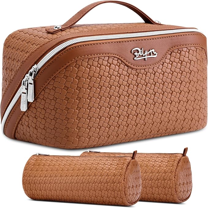 BOYATU Travel Makeup Bag Cosmetic Bags for Women: Large Capacity 3 Pcs Set Make up Bag with Compartments - Waterproof Vegan Leather Toiletry Organizer Bags with Handle (L53Brown) by BOYATU