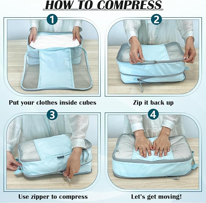 Compression Packing Cubes for Travel Essentials, 2 Set Expandable Compression Bags for Travel Packing Cubes for Suitcase Luggage Organizer Bags, Blue Mesh - Image 6