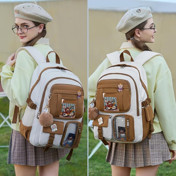 LXYGD Laptop Backpacks 16 Inch School Bag College Backpack 3 PCS with Lunch Box Pencil Pouch Set Large Travel Daypack Kawaii Bookbags for Teens Girls Women Students (Beige Khaki) - Image 7