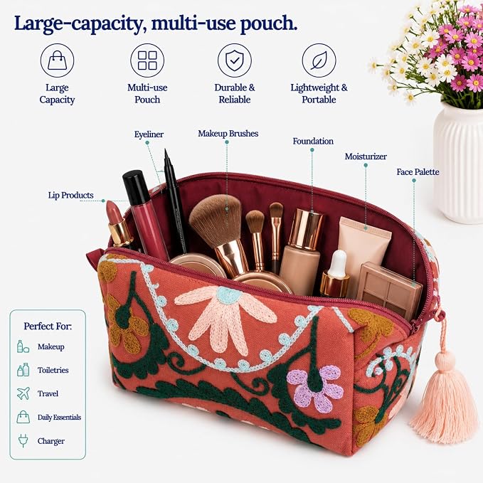 Huar Travel Makeup Bag- Large Capacity Cosmetic Bags for Women - Water Resistance Lining Portable Pouch & Open Toiletry Bag - Perfect Girls Makeup Organizer for Travel Essentials (Orange) - Image 2