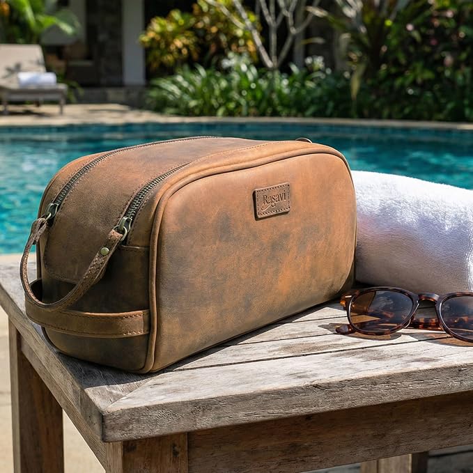 Rasavi Genuine Leather Travel Toiletry Bag, Handcrafted Vintage Water-Resistance Dopp Kit, Large Shaving & Bathroom Organizer - Gift for Men & Women - Distressed Brown - Image 7