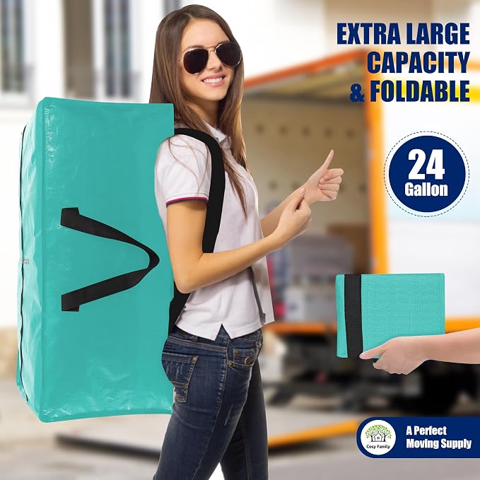 Cosy Family 8 Pack Heavy Duty Extra Large Moving Bags with Backpack Straps - Strong Handles & Zippers, Storage Totes For Space Saving, Fold Flat, Alternative to Moving Box, Aquamarine - Image 7
