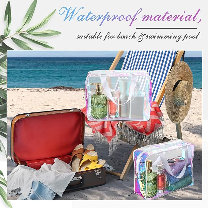 Sweetude 10 Pcs Large Clear Toiletry Bag with Handle Large Capacity Travel Iridescent Beach Makeup Bag PVC Clear Plastic Tote Punch Cosmetic Clothes Storage Organizer for Women Men (White) - Image 5
