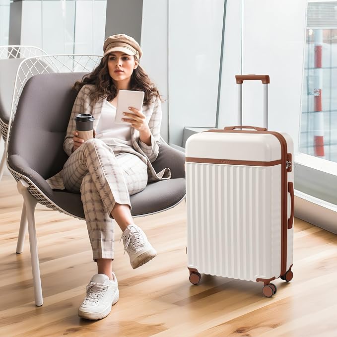 Merax Luggage Sets, Durable Hardshell 3 Piece Suitcase with Bags | Lightweight Carry on Luggage with Double Spinner Wheels and TSA Lock,20+24+28 inches,White and Brown - Image 6