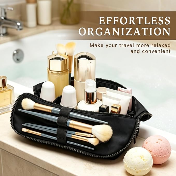 Minoisome Travel Makeup Bag,PU leather toiletry bag,make up organizer case for women,Large Capacity Cosmetic Bag,Wide-open Pouch Purse，Toiletries Accessories，Fold-Down Design and Adjustable Dividers. - Image 3