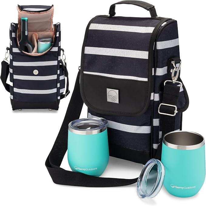 Savvy Outdoors Insulated Wine Tote Bag with Stemless Glasses & Exterior Pouch - Foldable Wine Carrier & Portable Cooler by OneSavvyGirl