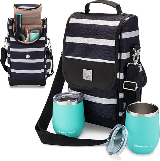 Savvy Outdoors Insulated Wine Tote Bag with Stemless Glasses & Exterior Pouch - Foldable Wine Carrier & Portable Cooler by OneSavvyGirl