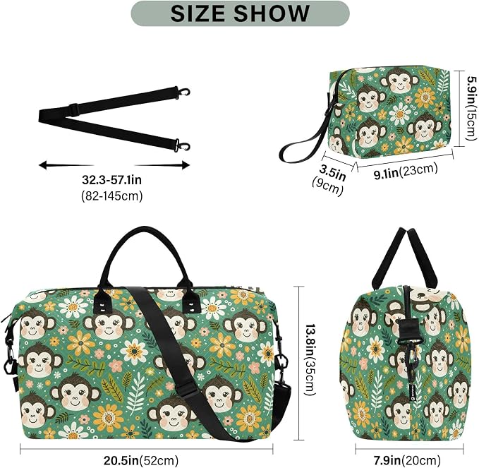 Weekender Bags Travel Duffel Gym Bag Flowers Dots Monkey Faces Carry on Overnight Tote Bag with Toiletry Bag for Airplane Travel Trip Gym Yoga - Image 3